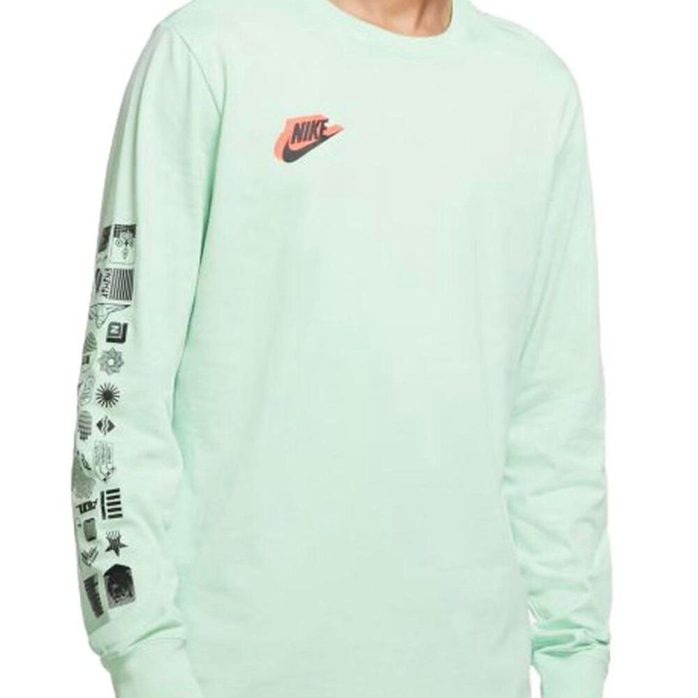 Nike Long Sleeve Graphic Tee Mint Green Red Accent Worldwide Icon Sleeve Design